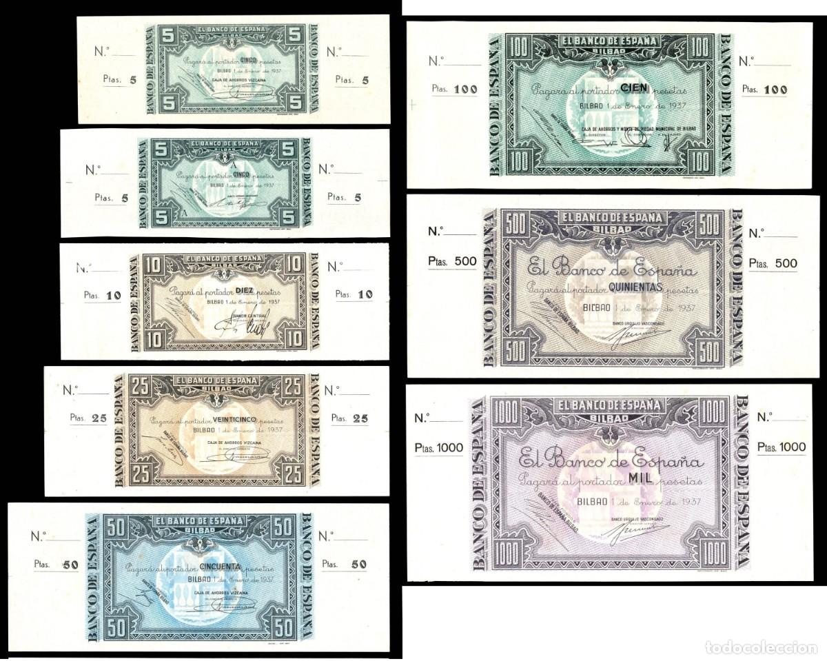 Billetes espa&ntilde;oles: 8 BILLETES (2) 5-10-25-50-100-500-1000 PESETAS 1937 BILBAO CON MATRIZ S/C-/S/C
