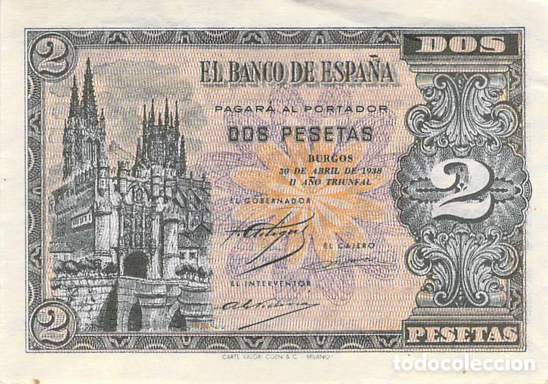 Billetes espa&ntilde;oles: Espa&ntilde;a 2 Pesetas 1938 &middot; Burgos II A&ntilde;o Triunfal &middot; Catedral de Burgos &middot; Serie B7072758 &middot; MBC/EBC