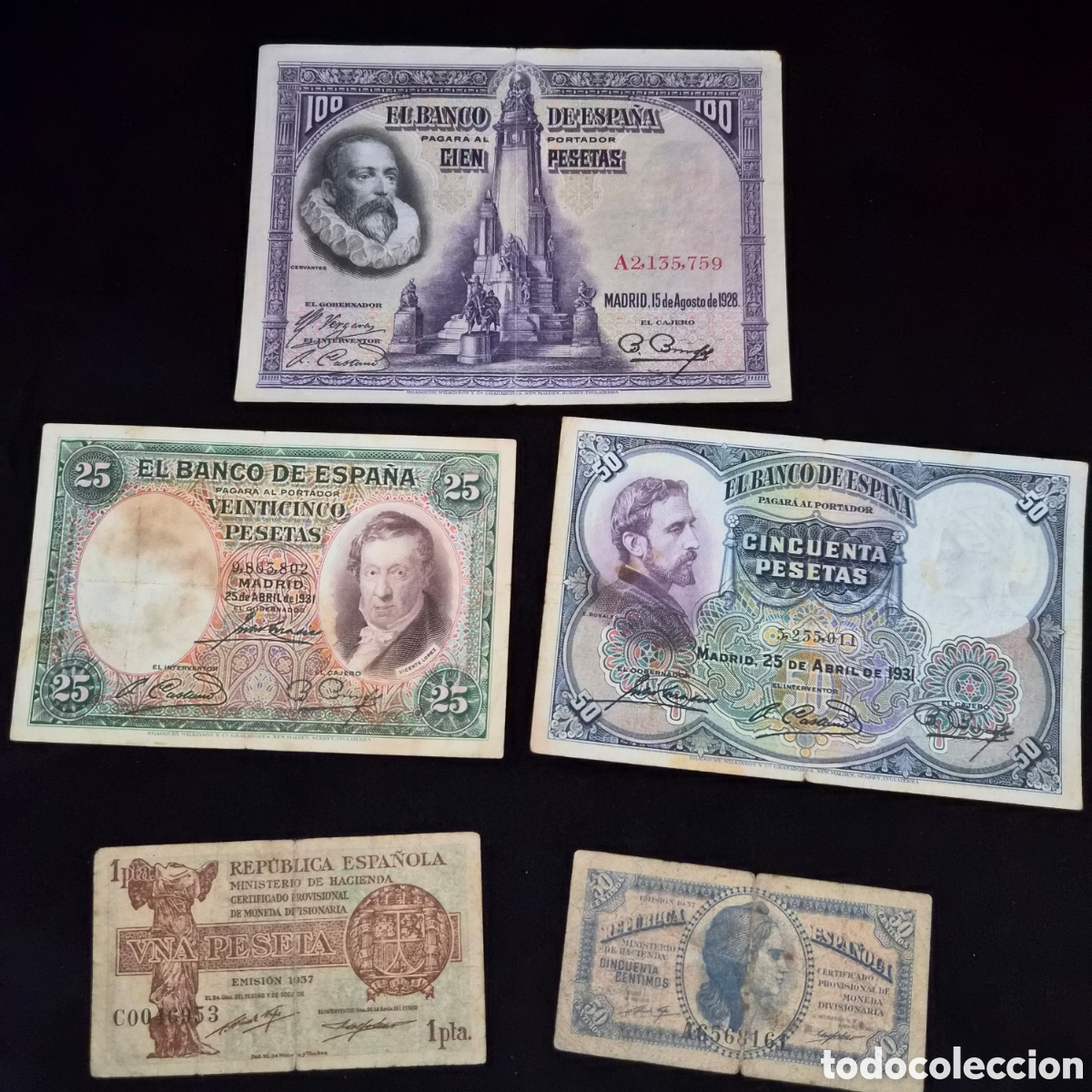 Billetes espa&ntilde;oles: Lote de 5 billetes de la II Rep&uacute;blica