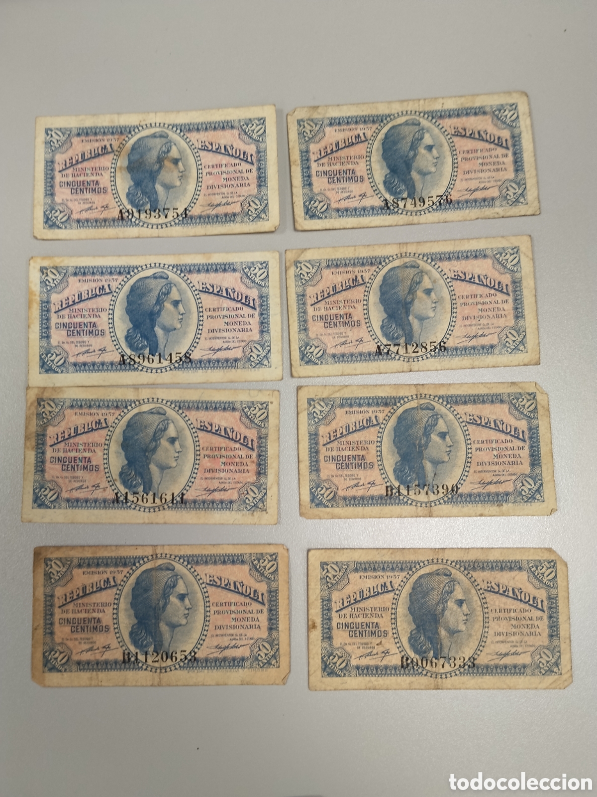 Billetes espa&ntilde;oles: Lote 8 billetes circulados 50 ctm 1937 guerra civil.republicano.serie A.serie B.
