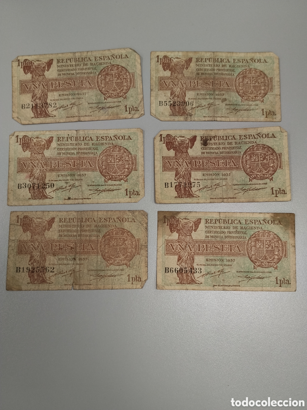 Billetes espa&ntilde;oles: Lote 6 billetes circulados 1 peseta1937 guerra civil.republicano.serie B.