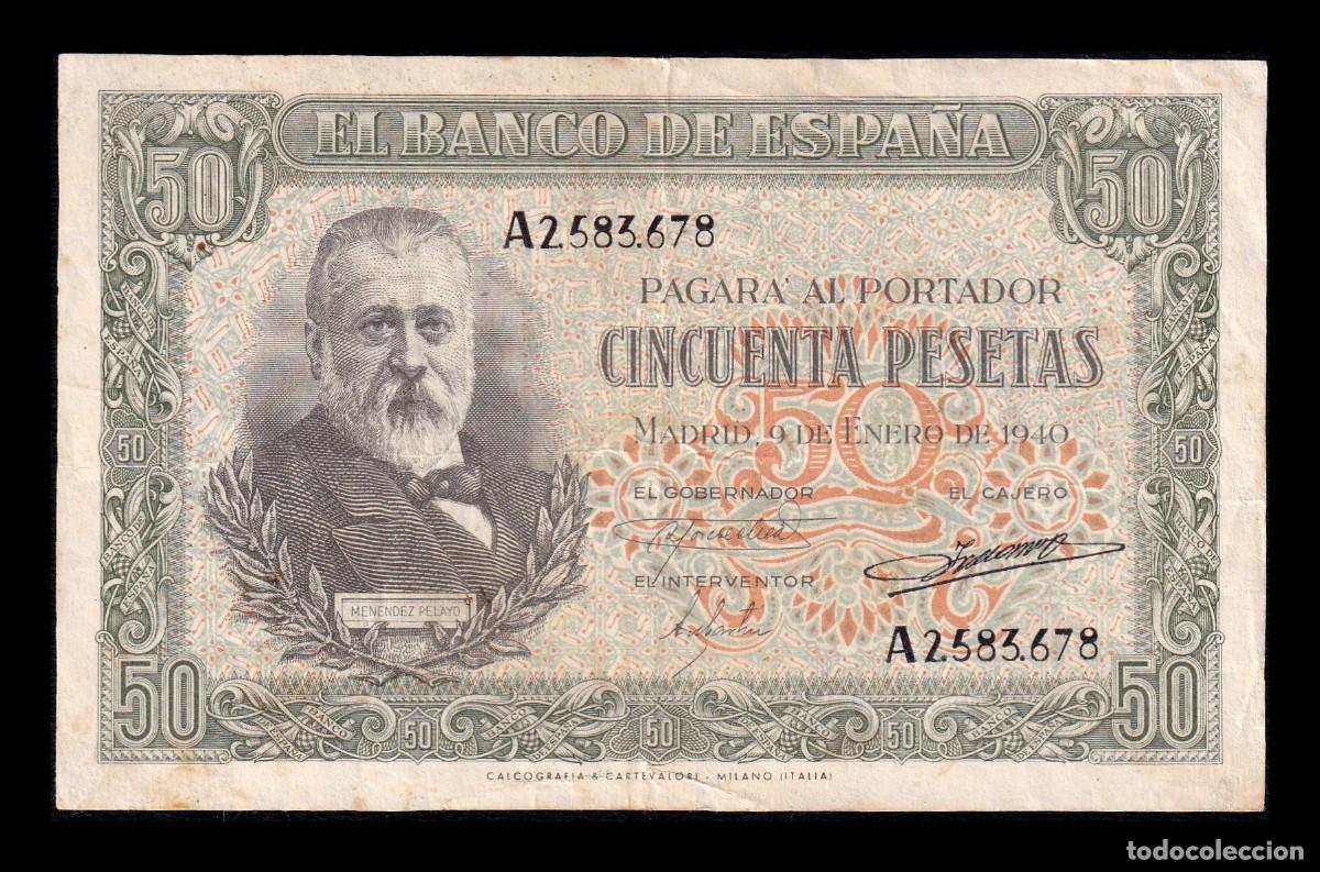Billetes espa&ntilde;oles: Espa&ntilde;a 50 Pesetas Men&eacute;ndez Pelayo 1940 Pick 117 Serie A Mbc+ Vf+