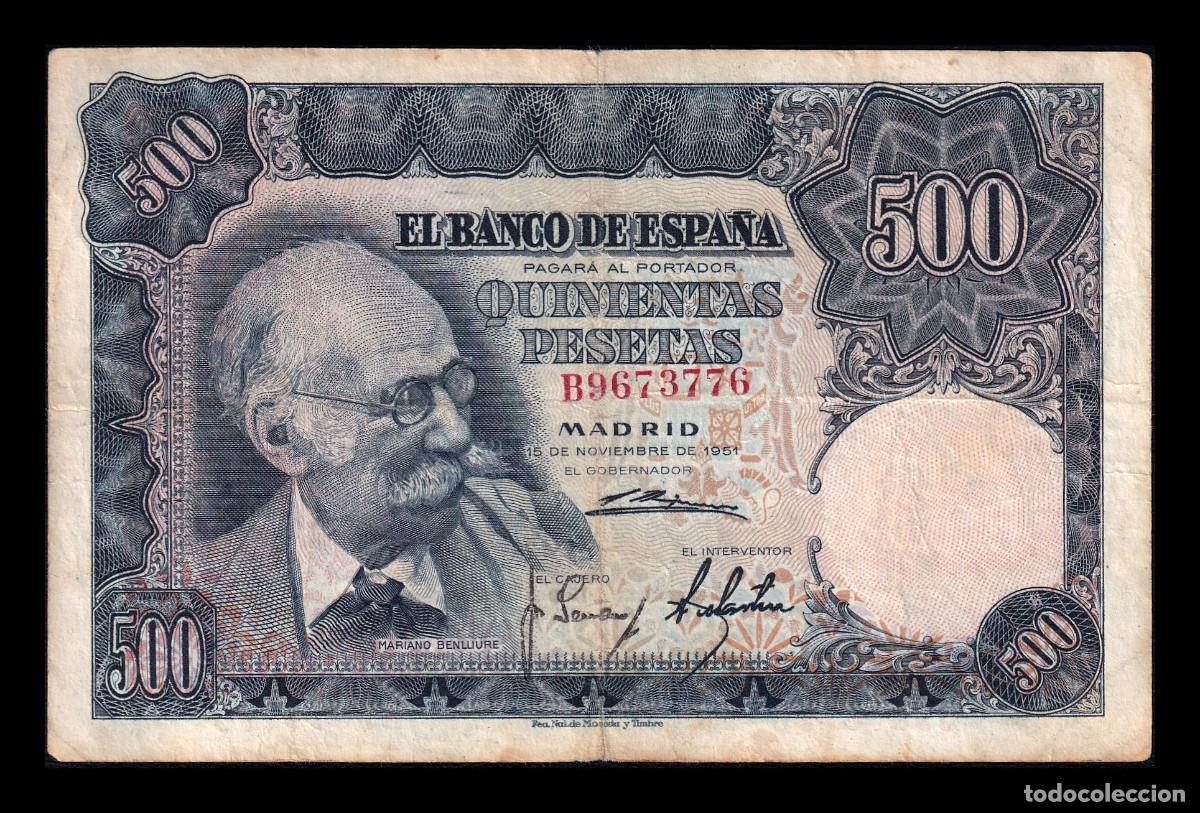 Billetes espa&ntilde;oles: Espa&ntilde;a 500 Pesetas Mariano Benlliure 1951 Pick 142 Serie B Mbc Vf