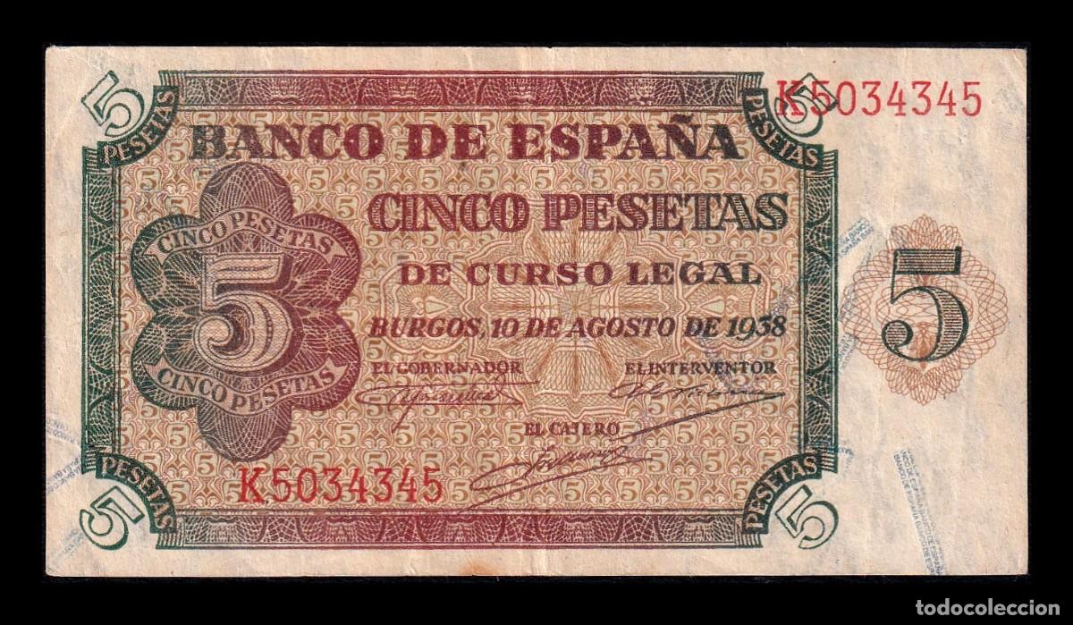 Billetes espa&ntilde;oles: Espa&ntilde;a 5 Pesetas Burgos 1938 Pick 110 Serie K Mbc Vf