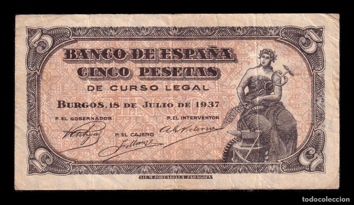 Billetes espa&ntilde;oles: Espa&ntilde;a 5 Pesetas Portabella 1937 Pick 106 Serie B Bc/Mbc F/Vf