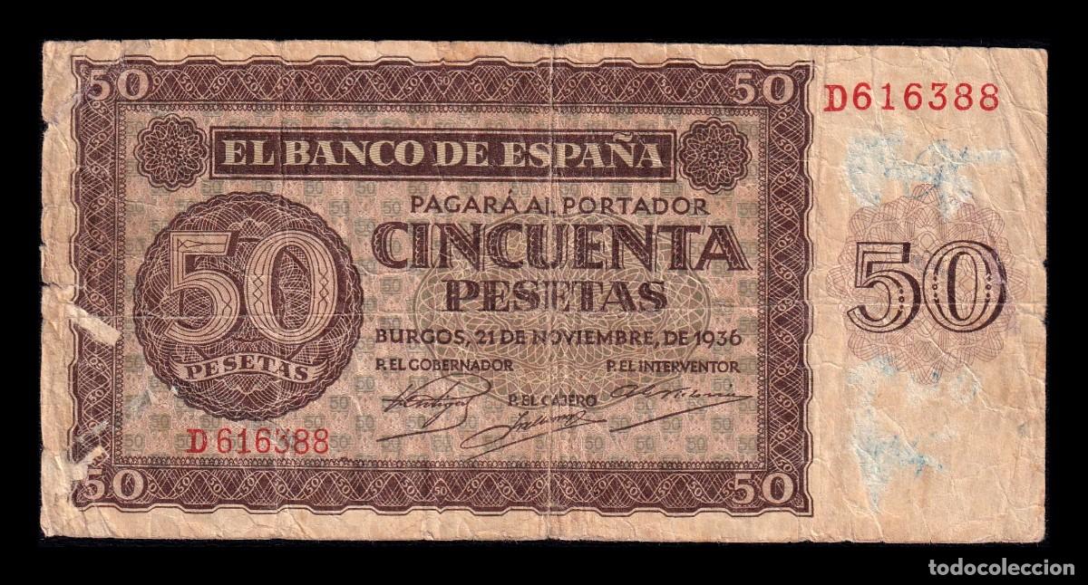Billetes espa&ntilde;oles: Espa&ntilde;a 50 Pesetas Burgos 1936 Pick 100 Serie D Bc- G