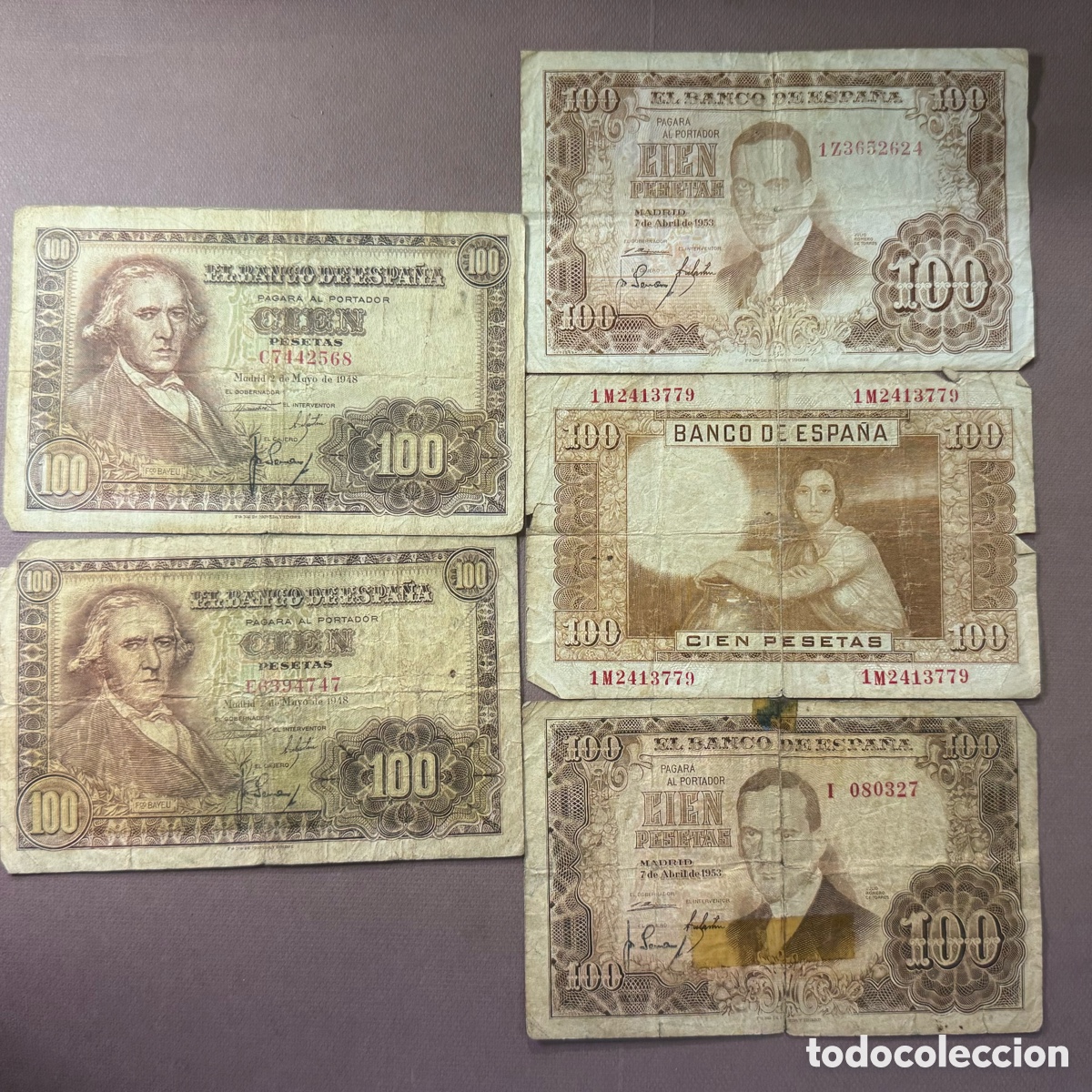 Billetes espa&ntilde;oles: Lote de 5 billetes 100 Pesetas 1948 / 1953 - Julio Romero de Torres - Bayeu