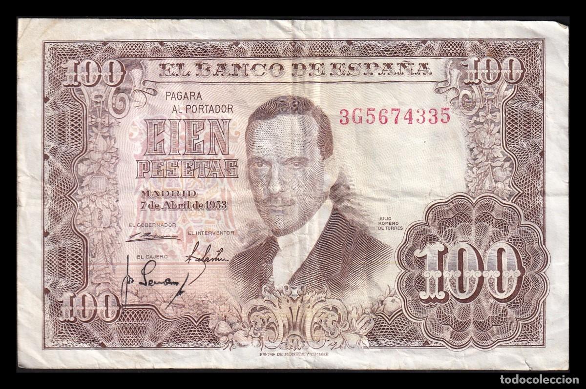 Billetes espa&ntilde;oles: Espa&ntilde;a 100 Pesetas J. Romero de Torres 1953 Pick 145 Serie 3G Mbc Vf
