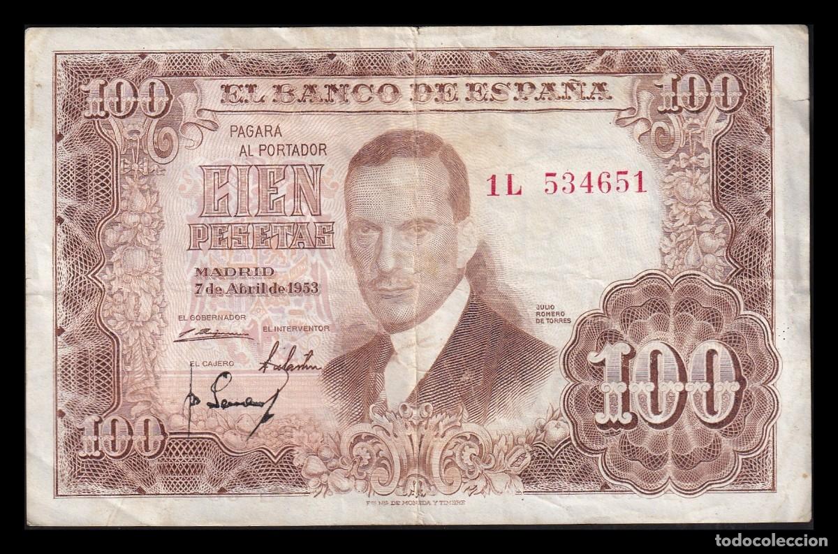 Billetes espa&ntilde;oles: Espa&ntilde;a 100 Pesetas J. Romero de Torres 1953 Pick 145 Serie 1L Mbc Vf