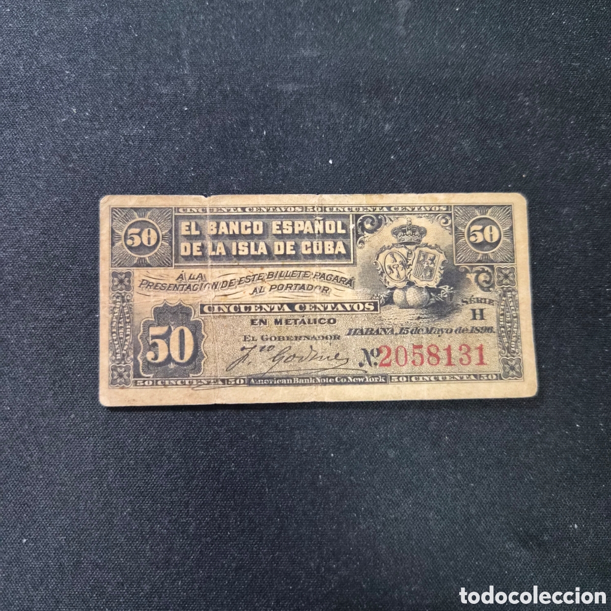 Billetes espa&ntilde;oles: Billete de 50 centavos emitido por el Banco Espa&ntilde;ol de la Isla de Cuba. Est&aacute; fechado en La Habana e