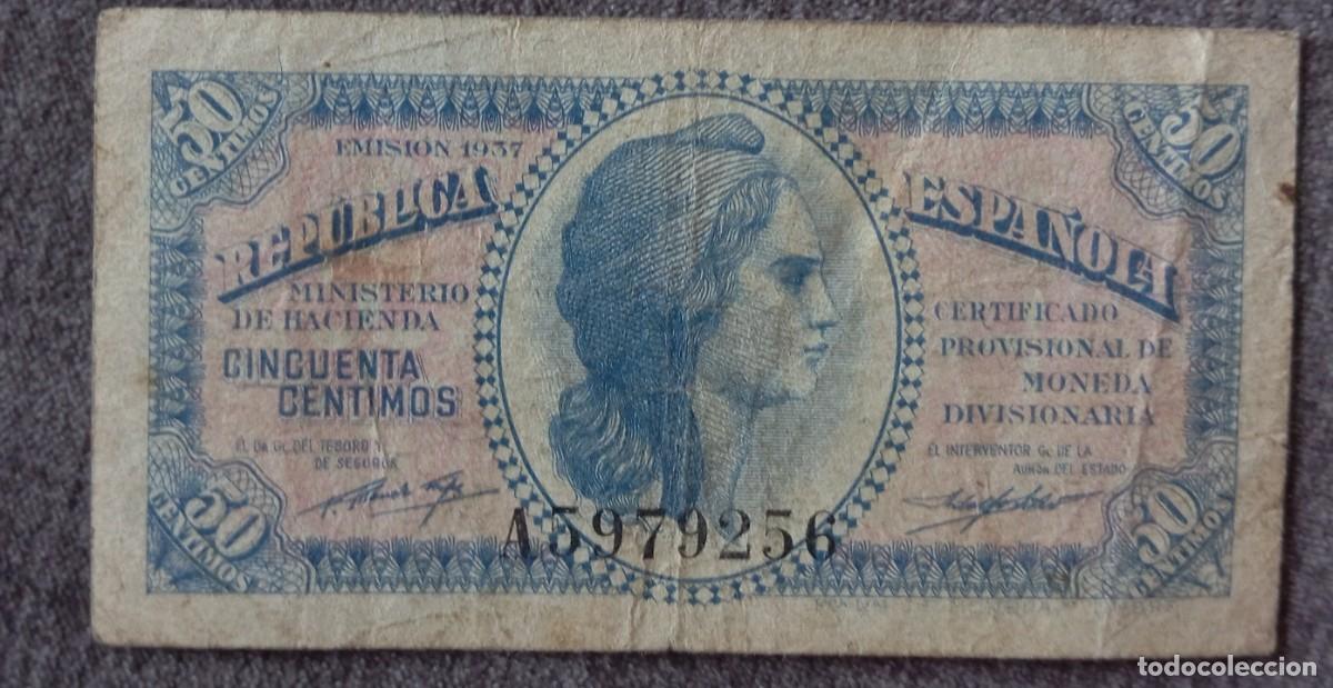 Spanische Banknoten: 50 c&eacute;ntimos 1937 serie A (BC+)