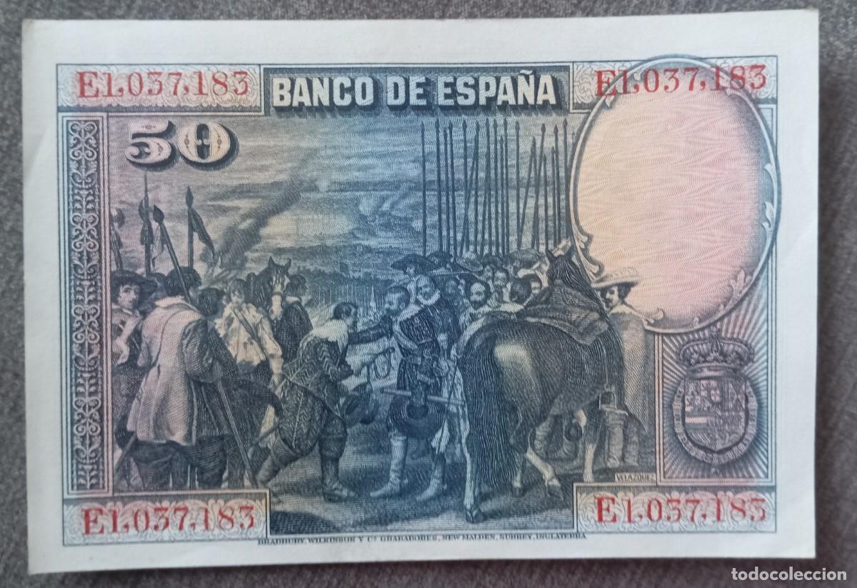 Billetes espa&ntilde;oles: 50 pesetas 1928 serie E (EBC+) - Foto 2