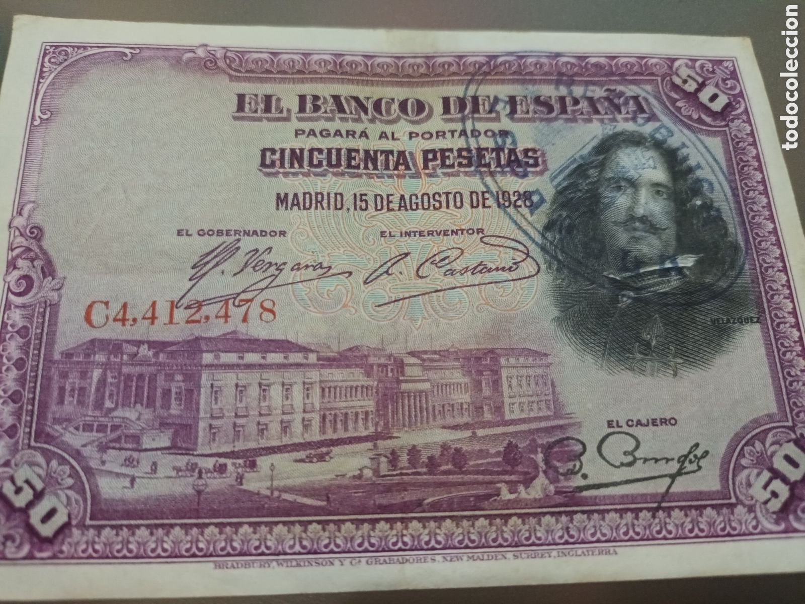Billetes espa&ntilde;oles: BILLETE DE 50 PESETAS DE AGOSTO DE 1928 CON SELLO DE LA REP&Uacute;BLICA
