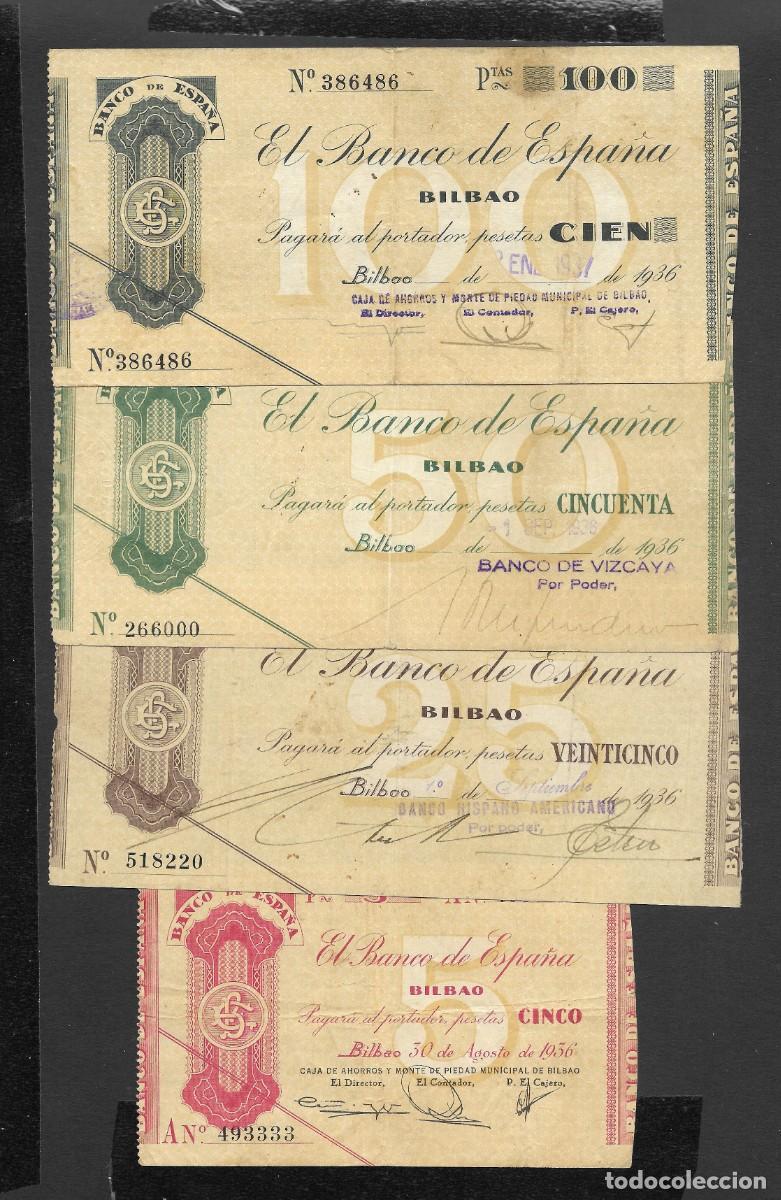 Billetes espa&ntilde;oles: 4 BILLETES 5-25-50-100 PESETAS 1936 BILBAO MBC