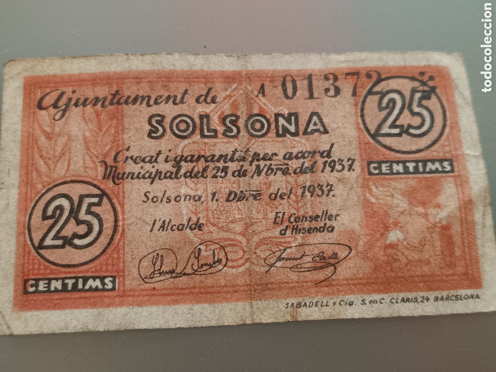 Billetes espa&ntilde;oles: BILLETE LOCAL AJUNTAMENT DE SOLSONA 25 CENTIMS A&Ntilde;O 1937 GUERRA CIVIL ESPA&Ntilde;OLA