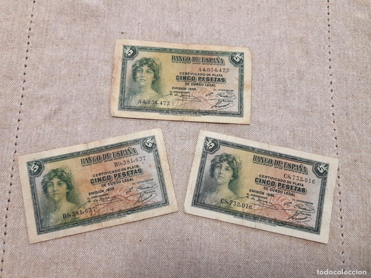 Billetes espa&ntilde;oles: 3 billetes de 5 Pesetas 1935