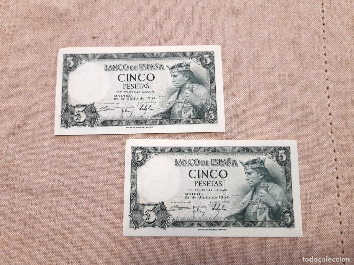 Billetes espa&ntilde;oles: 2 billetes de 5 Pesetas 1954 SC