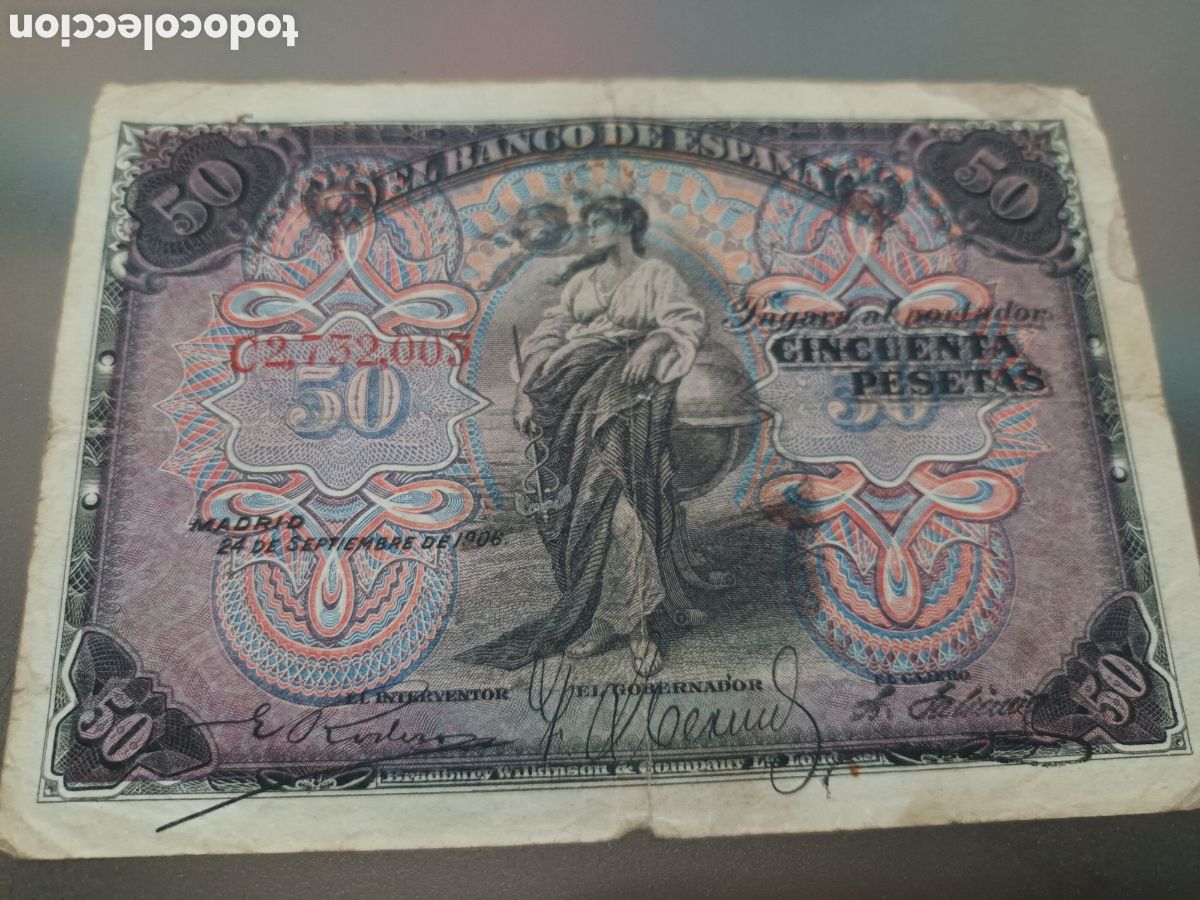 Billetes espa&ntilde;oles: BILLETE DE 50 PESETAS SEPTIEMBRE DE 1906 ALEGOR&Iacute;A FEMENINA