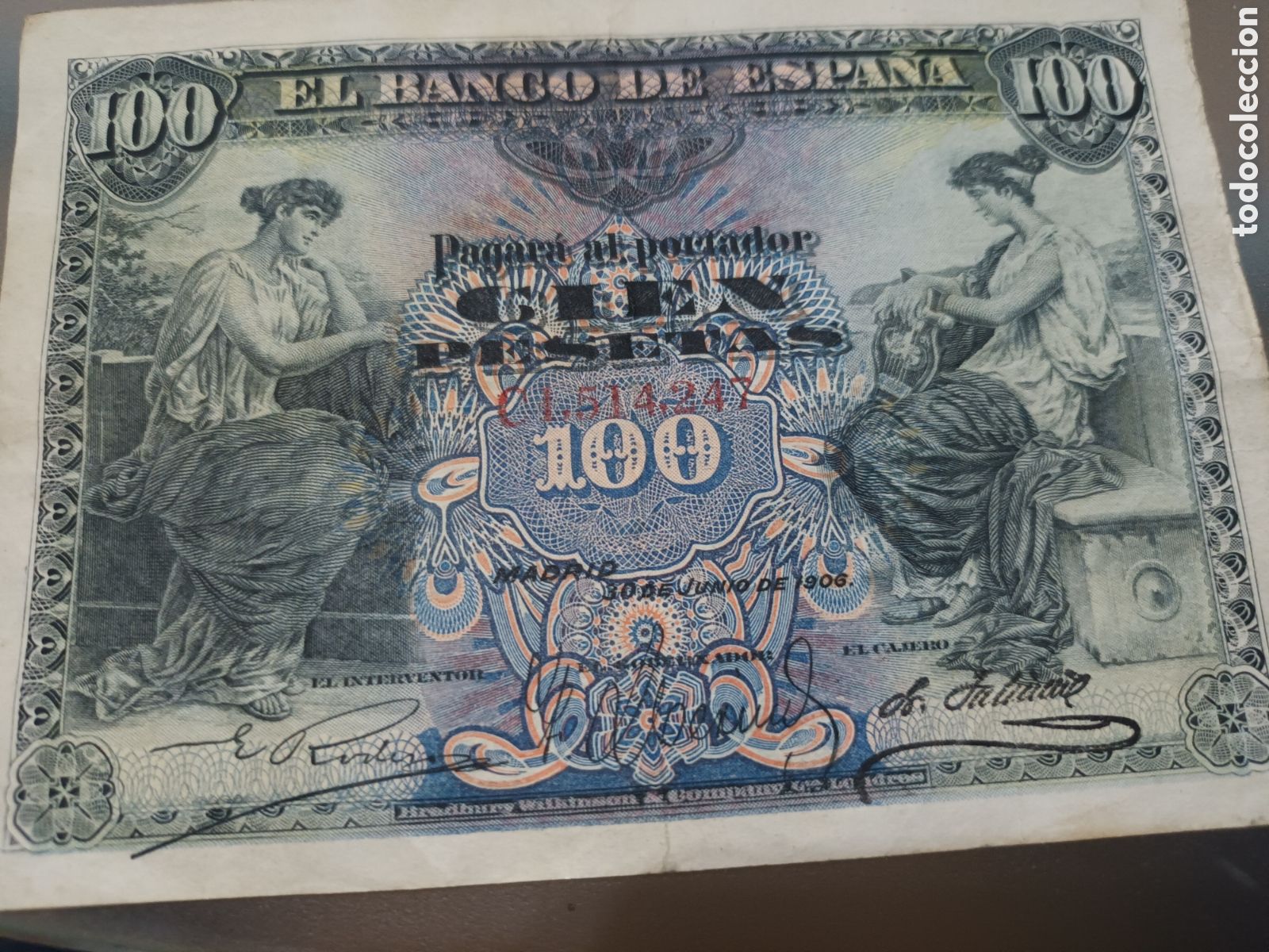 Billetes espa&ntilde;oles: BILLETE DE 100 PESETAS JUNIO DE 1906 ALEGOR&Iacute;A FEMENINA