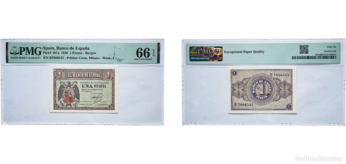 Billetes espa&ntilde;oles: Spain Kingdom 1938 1 Peseta -Burgos Paper (62000000) PMG Gem Uncirculated 66 EPQ P 107a