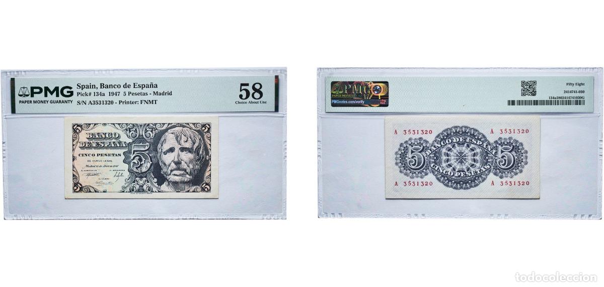 Billetes espa&ntilde;oles: Spain Kingdom 1947 5 Pesetas -Madrid Paper (56100000) PMG Choice About Unc 58 P 134a
