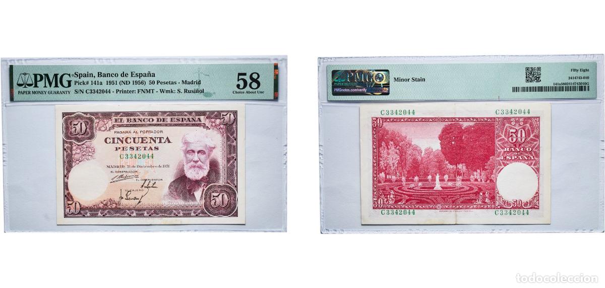 Billetes espa&ntilde;oles: Spain Kingdom 1951 (ND 1956) 50 Pesetas -Madrid Paper (69500000) PMG Choice About Unc 58 P 141a