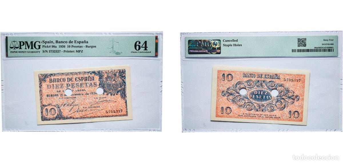 Billetes espa&ntilde;oles: Spain Kingdom 1936 10 Pesetas -Burgos &rdquo;PMG population records show only 7 examples graded higher. E