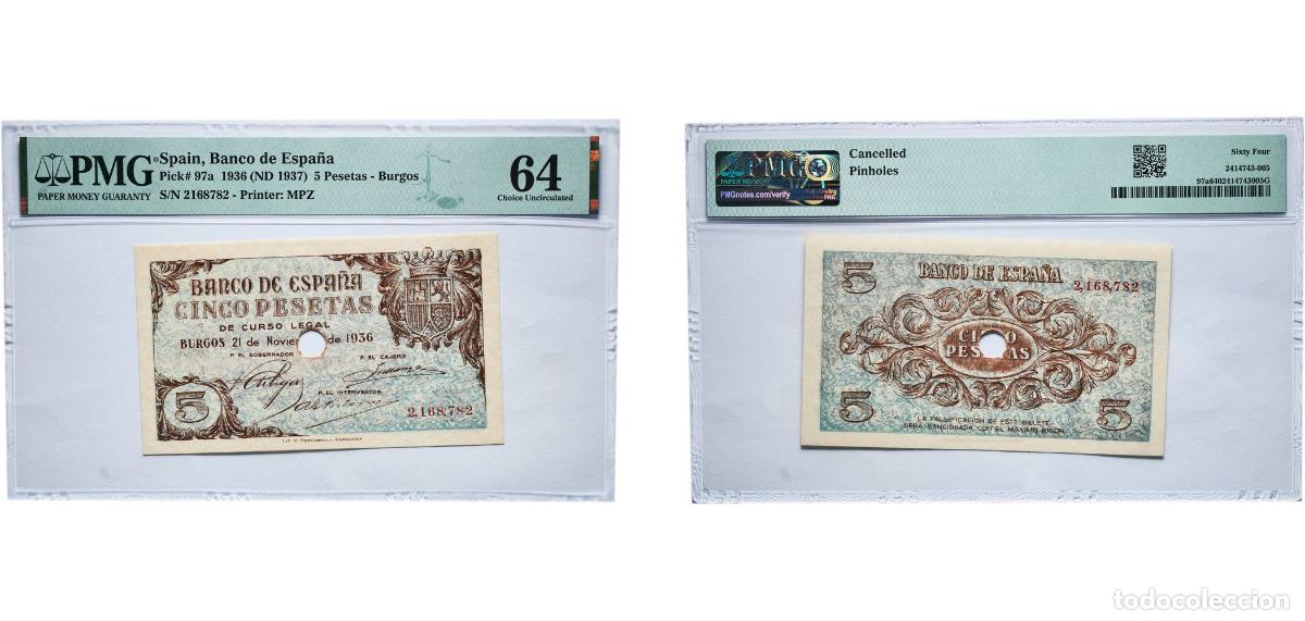 Billetes espa&ntilde;oles: Spain Kingdom 1936 (ND 1937) 5 Pesetas - Burgos &rdquo;PMG population records show only 6 examples graded