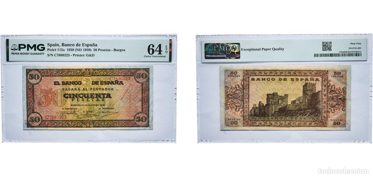 Billetes espa&ntilde;oles: Spain Kingdom 1938 (ND 1939) 50 Pesetas -Burgos Paper (43750000) PMG Choice Uncirculated 64 EPQ P 1