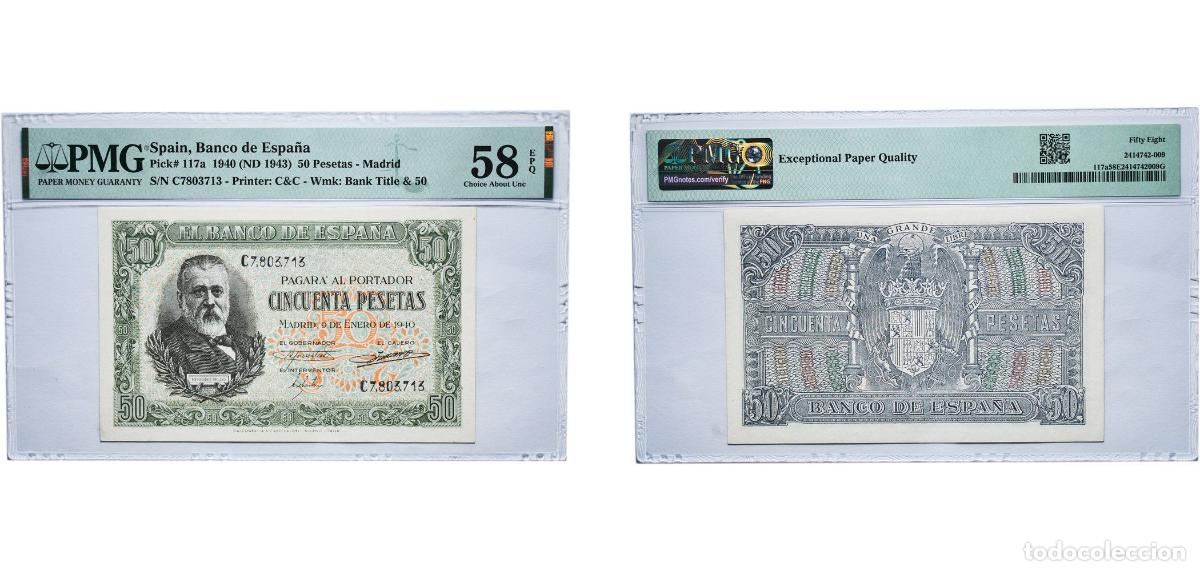Billetes espa&ntilde;oles: Spain Kingdom 1940 (ND 1943) 50 Pesetas - Madrid Paper (44000000) PMG Choice About Unc 58 EPQ P 117