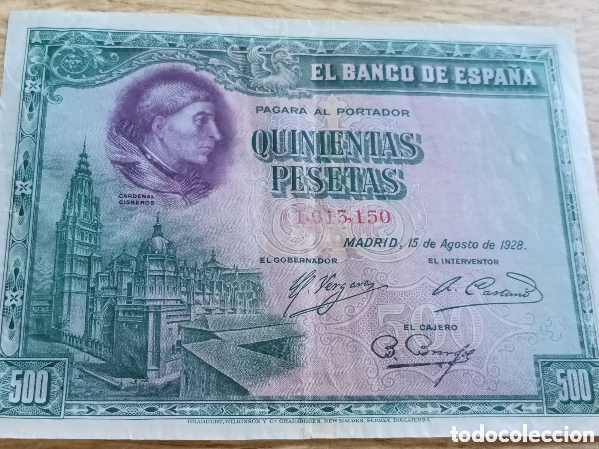 Billetes espa&ntilde;oles: BILLETE DE 500 PESETAS DEL 15 DE AGOSTO DE 1928 CARDENAL CISNEROS