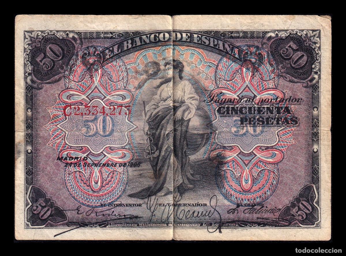 Billetes espa&ntilde;oles: Espa&ntilde;a 50 Pesetas Alegor&iacute;as 1906 Pick 58a Serie C Bc/Mbc F/Vf