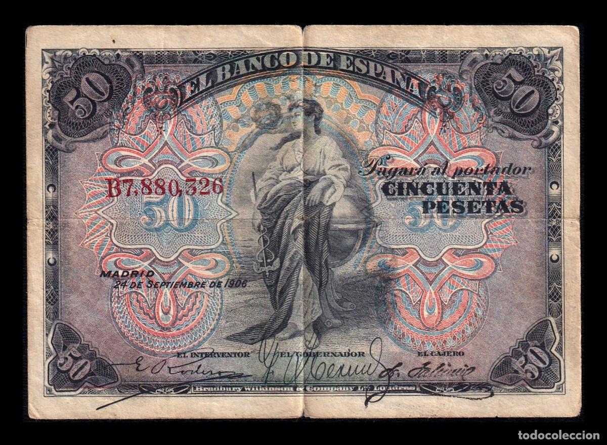 Billetes espa&ntilde;oles: Espa&ntilde;a 50 Pesetas Alegor&iacute;as 1906 Pick 58a Serie B Bc/Mbc F/Vf