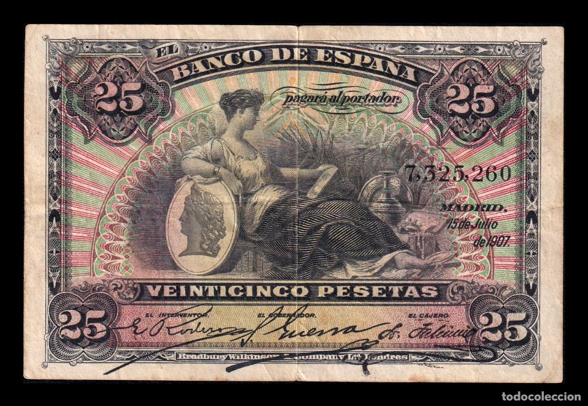 Billetes espa&ntilde;oles: Espa&ntilde;a 25 Pesetas Alegor&iacute;as 1907 Pick 62a Bc/Mbc F/Vf