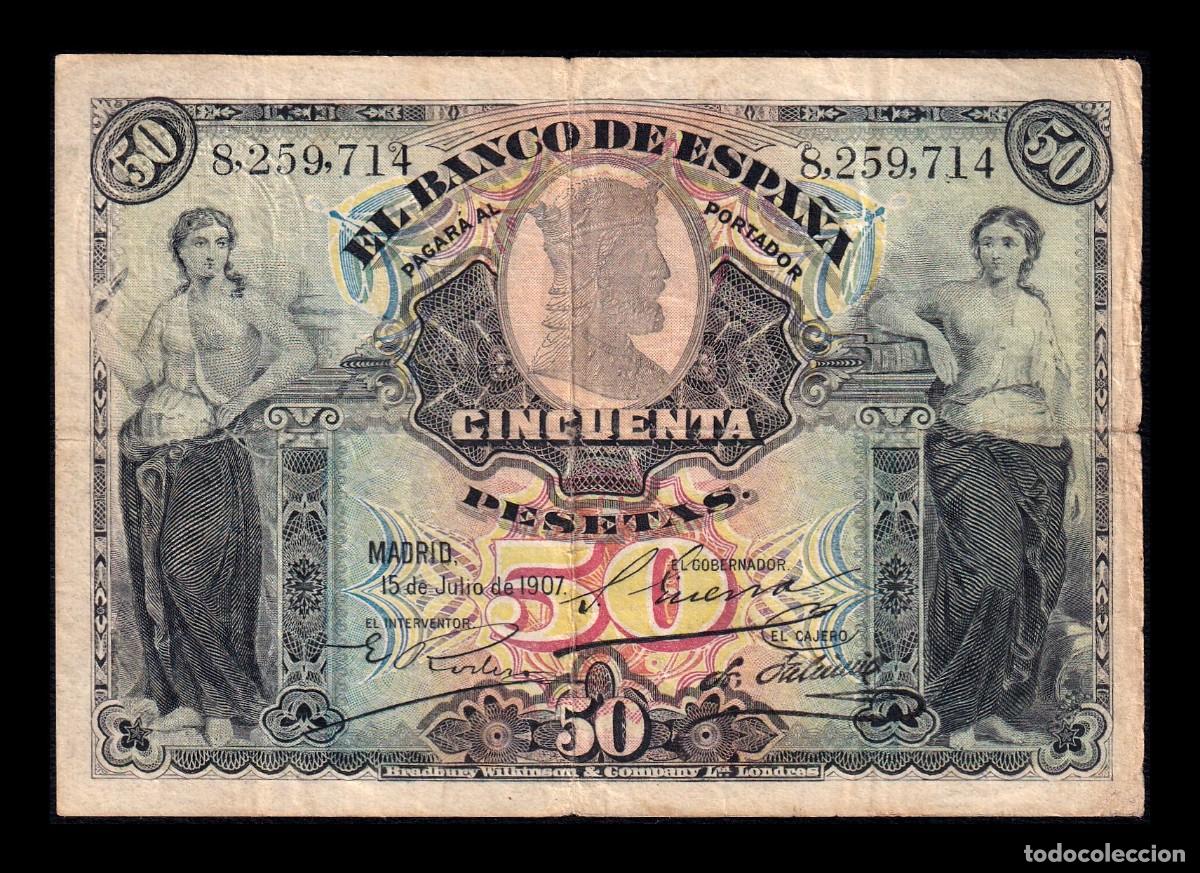 Billetes espa&ntilde;oles: Espa&ntilde;a 50 Pesetas Alegor&iacute;as 1907 Pick 63a Con Sello seco Bc/Mbc F/Vf