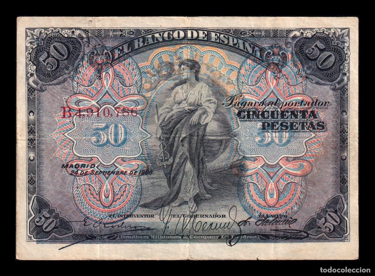 Billetes espa&ntilde;oles: Espa&ntilde;a 50 Pesetas Alegor&iacute;as 1906 Pick 58a Serie B Mbc Vf