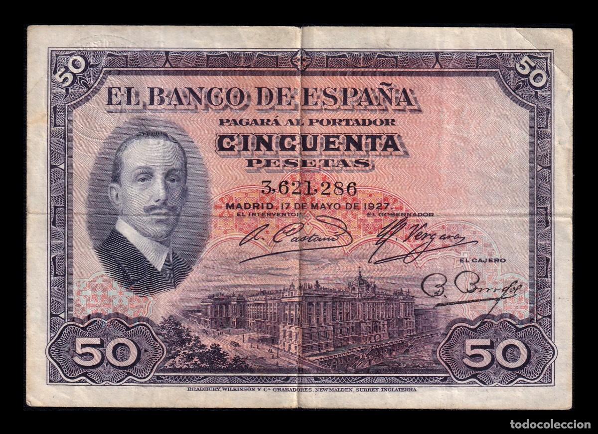 Billetes espa&ntilde;oles: Espa&ntilde;a 50 Pesetas Alfonso XIII 1927 Pick 72 Sin Serie Con Sello seco Mbc Vf