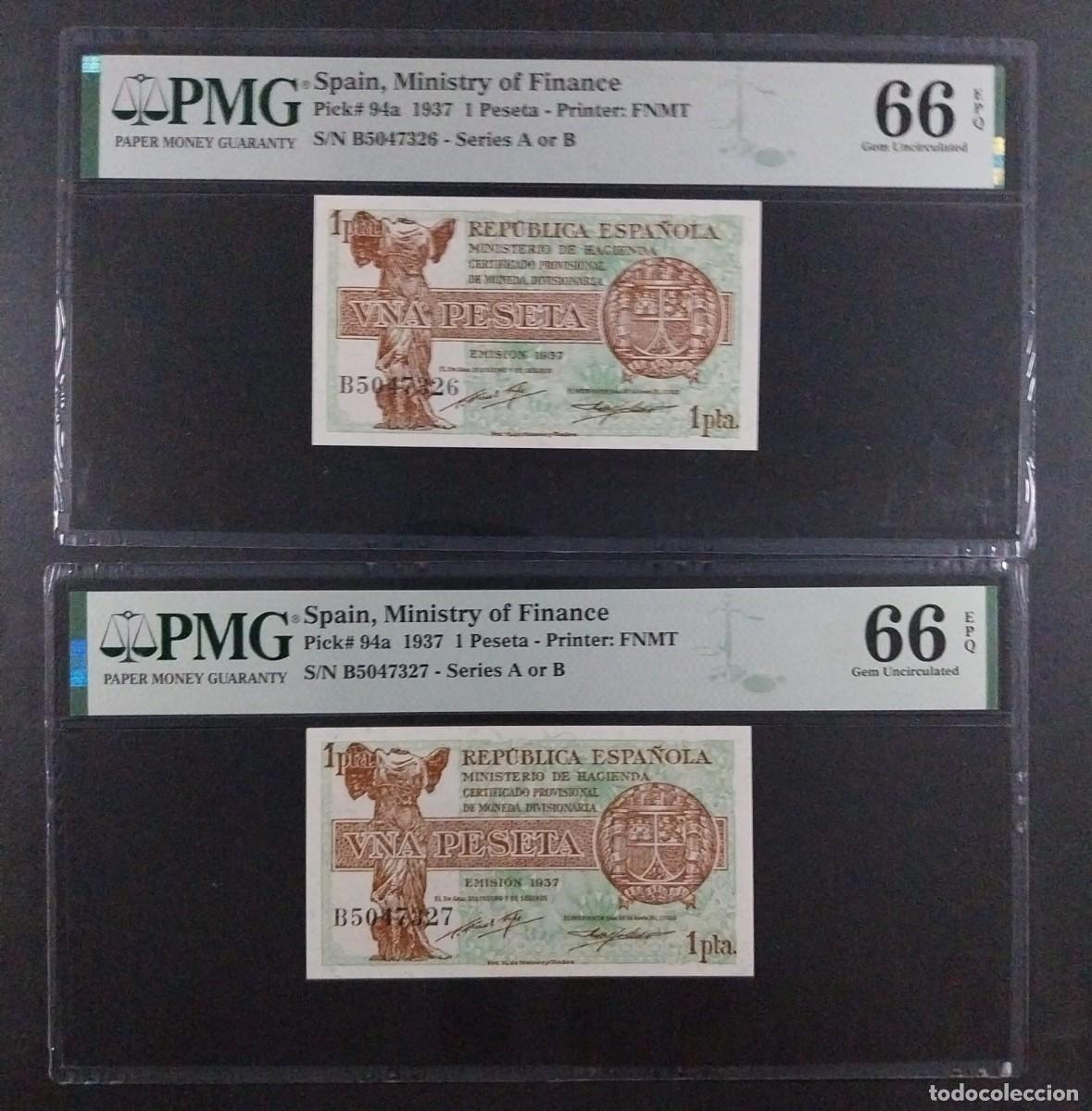 Billetes espa&ntilde;oles: 1 PESETA 1937 SERIE B PAREJA PMG 66/66 EPQ SIN CIRCULAR