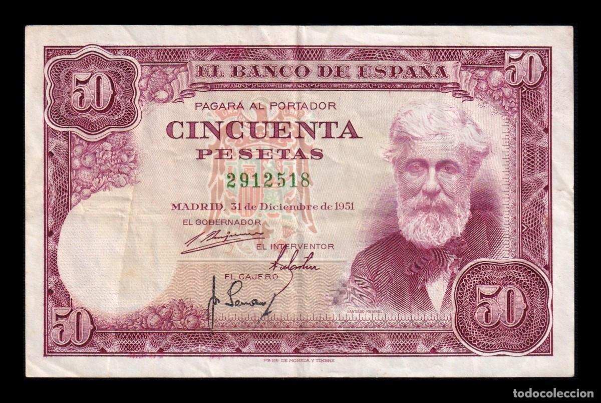 Billetes espa&ntilde;oles: Espa&ntilde;a 50 Pesetas Santiago Rusi&ntilde;ol 1951 Pick 141 Sin Serie Mbc Vf