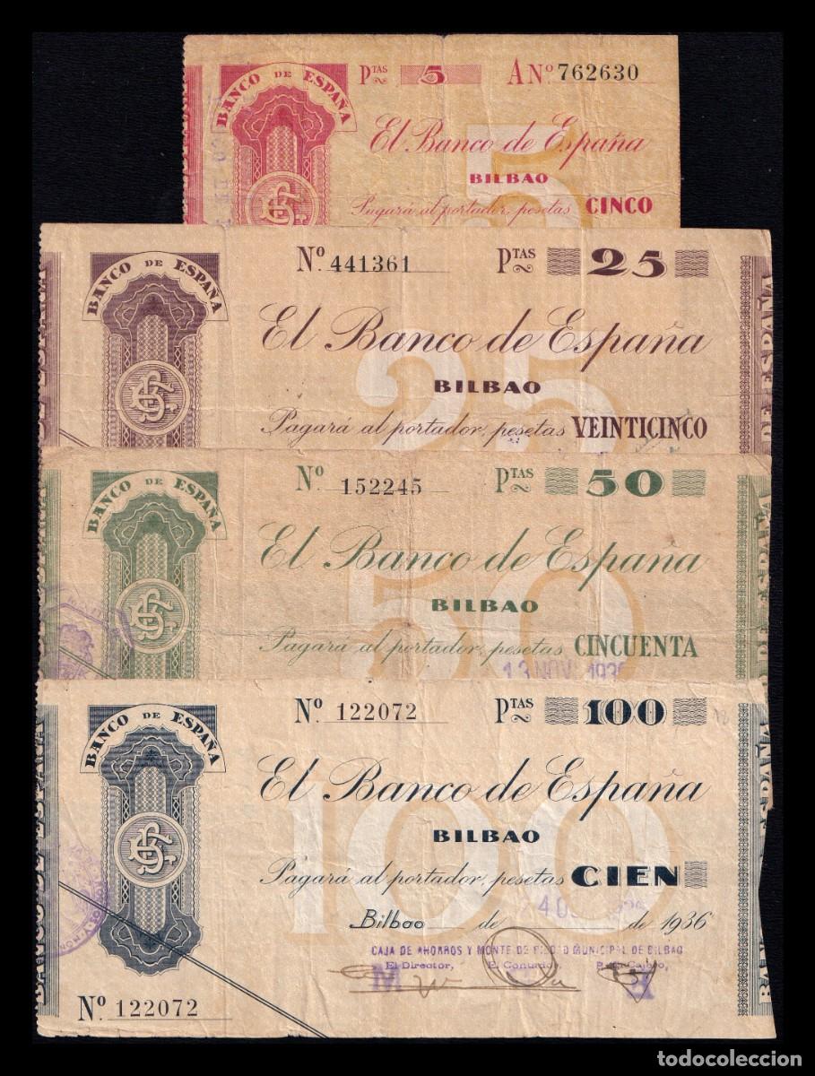 Billetes espa&ntilde;oles: Espa&ntilde;a Bilbao Set 4 billetes 5-100 Pesetas 1936-1937 Pick S551-S554 Bc/Mbc F/Vf