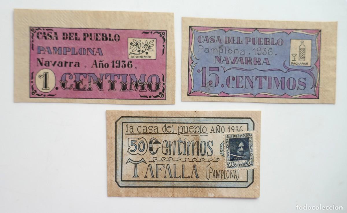 Billetes espa&ntilde;oles: Lote 3 billetes fantas&iacute;a.*Casa del pueblo* Pamplona. valores: 1 c&eacute;ntimo, 15 c&eacute;ntimos y 50 c&eacute;ntimos.