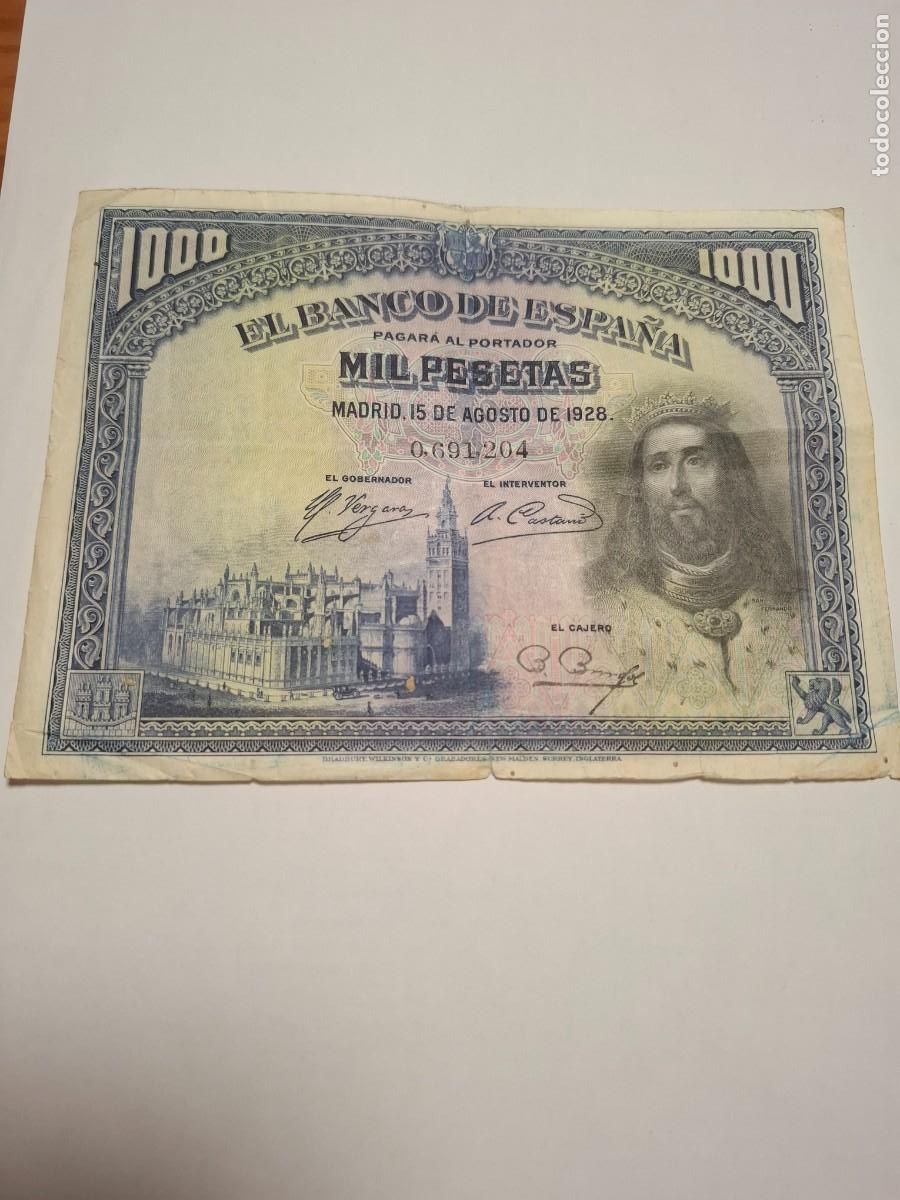 Billetes espa&ntilde;oles: 1000 PESETAS DE 1928 SIN SERIE-204