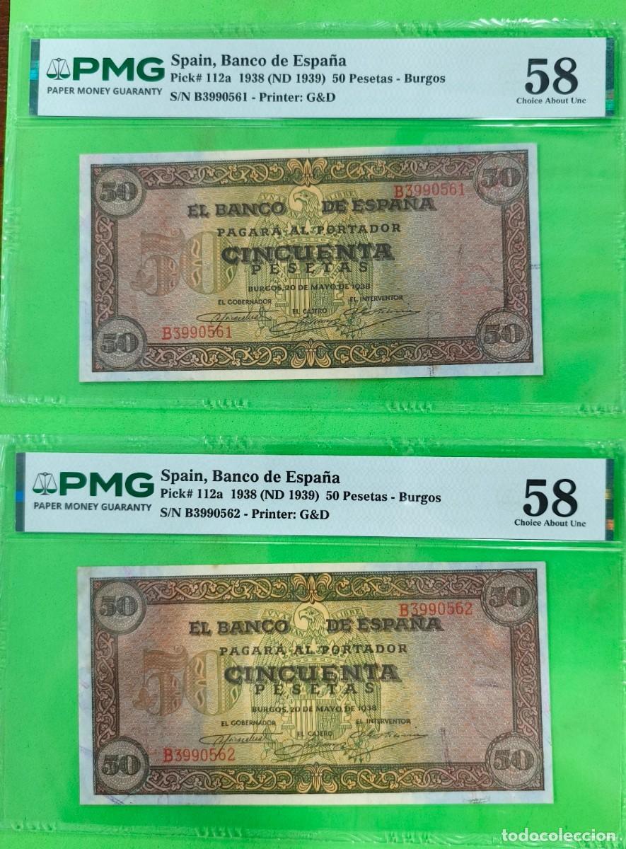 Billetes espa&ntilde;oles: EDIFIL 431a. 50 PTAS 20 DE MAYO DE 1938 SEERIE B.PAREJA CORRELATIVA. PMG 58