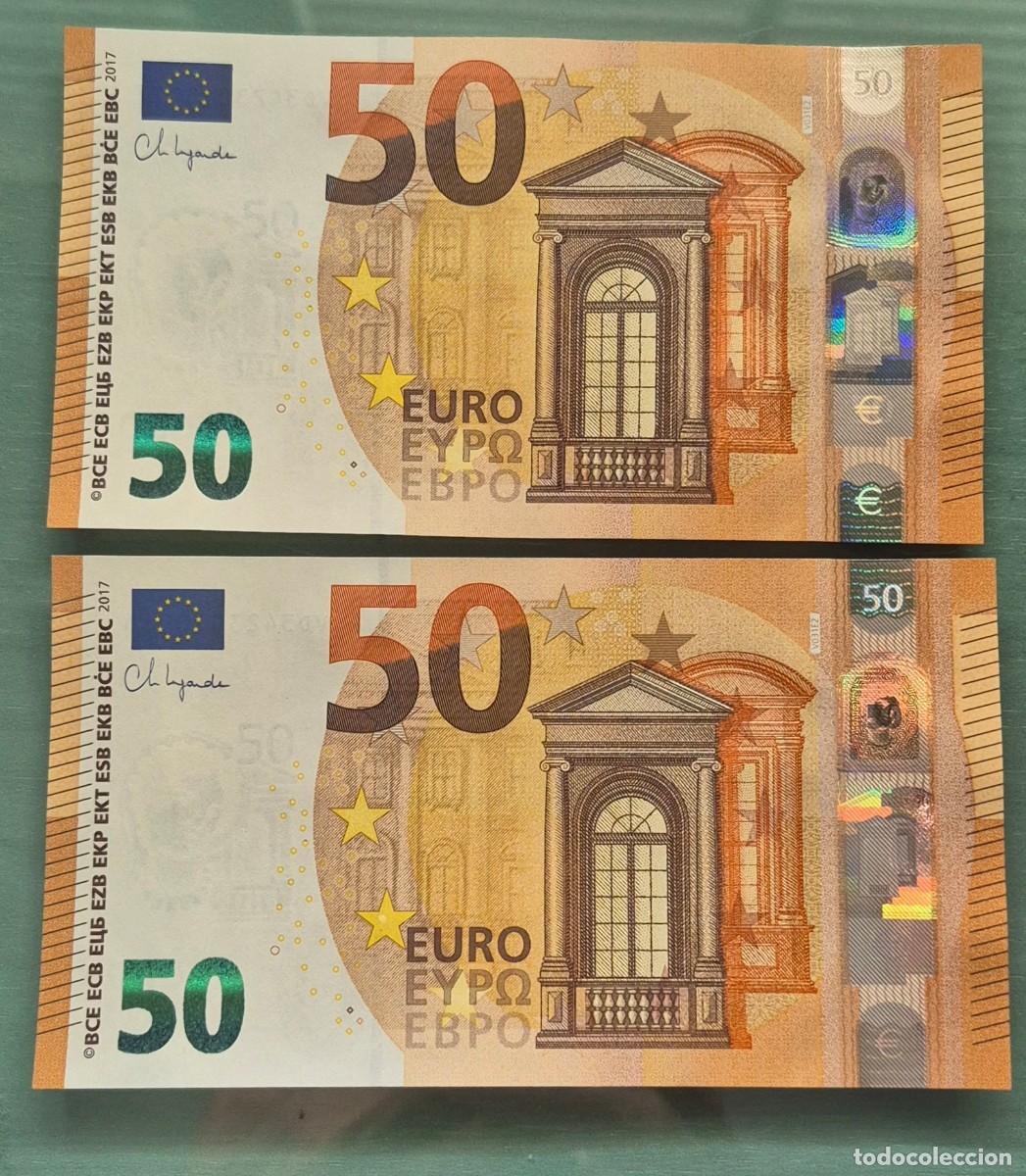 Billetes espa&ntilde;oles: 2 BILLETES DE 50 EUROS, SC NUMERACION CONSECUTIVA, LAGARDE , SERIE V031 E2 ESPA&Ntilde;A