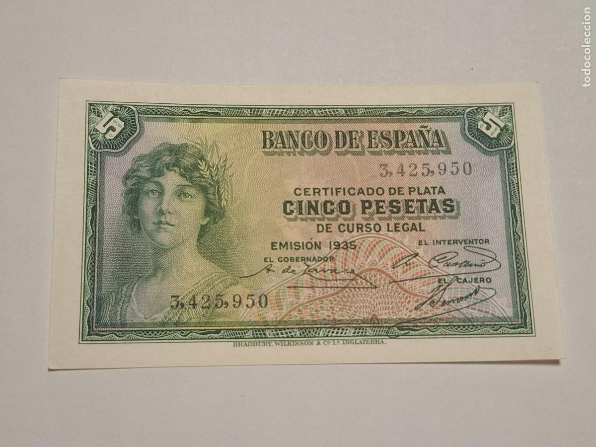 Billetes espa&ntilde;oles: 5 PESETAS DE 1935 SIN SERIE-950 SC