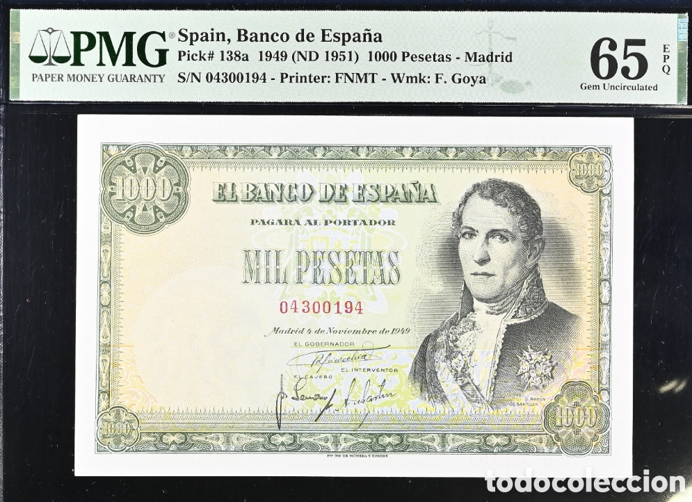 Billetes espa&ntilde;oles: Billete 1000 PESETAS 1949 -SANTILLAN- PMG 65 EPQ,sin serie