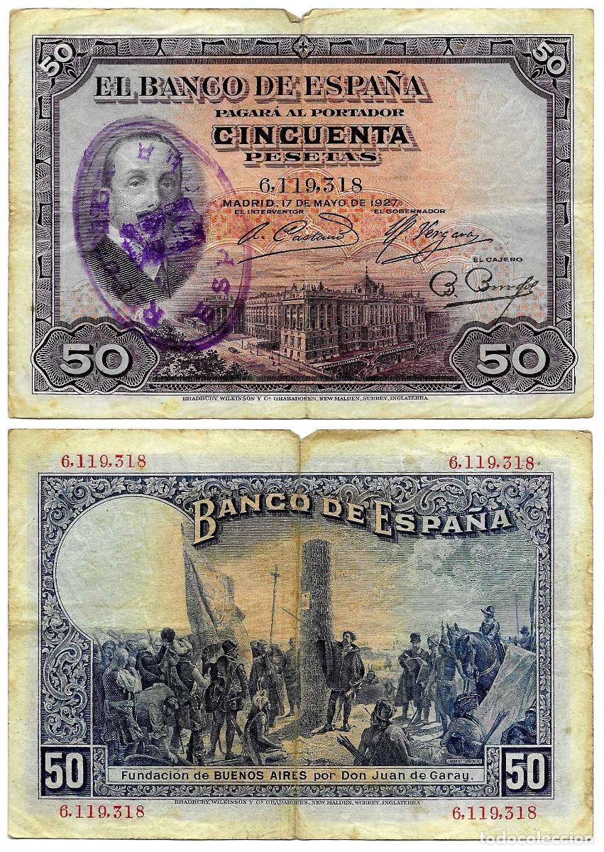 Billetes espa&ntilde;oles: ESPA&Ntilde;A. 1927. 50 PESETAS (BC) SIN SERIE. CON SELLO REPUBLICANO
