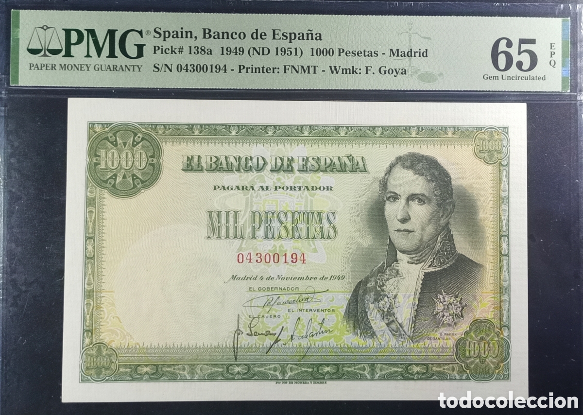 Notas espanholas: Billete 1000 PESETAS 1949 -SANTILLAN- PMG 65 EPQ,sin serie