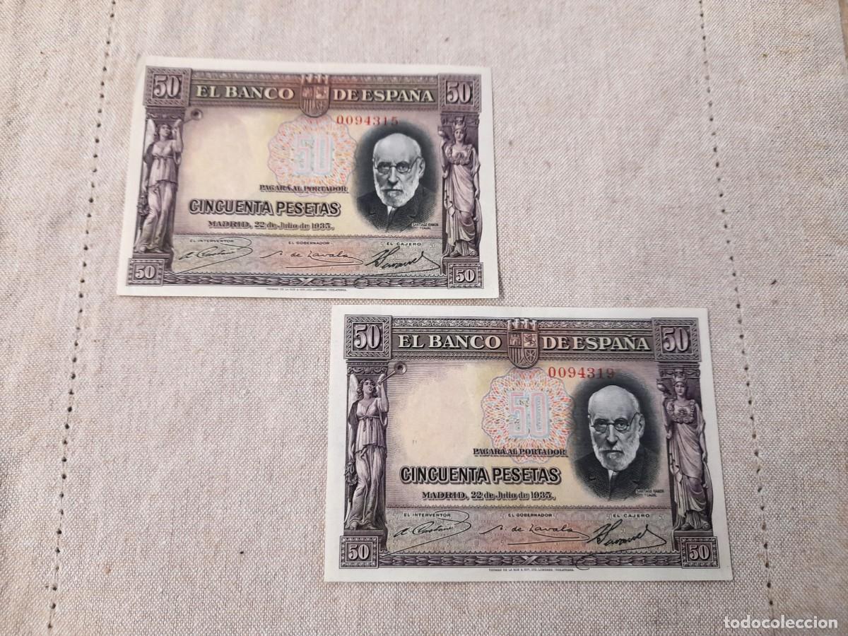Billetes espa&ntilde;oles: 2 billetes de 50 Pesetas 1935 Sin series