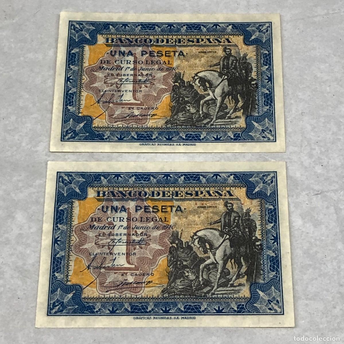 Billetes espa&ntilde;oles: PAREJA DE BILLETES CORRELATIVOS - 1&ordm; JUNIO 1940 - HERNAN CORTES - 1 PTA - UNA PESETA - MBC+ / 1284